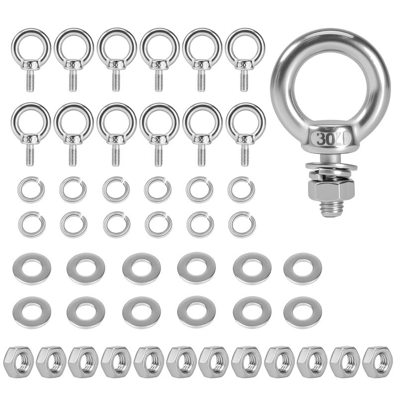 MroMax 12 Pack M5 Lifting Eye Bolts, 0.45"(12mm) Long Ring Threaded Eyebolts, Stainless Steel Lifting Shoulder Eye Bolts with Nuts and Washers, for Rigging, Anchoring, Pulling or Hoisting Objects - Image 1